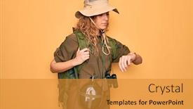  Presentation with canteen - Cool new PPT theme with young-blonde-explorer-woman backdrop and a gold colored foreground