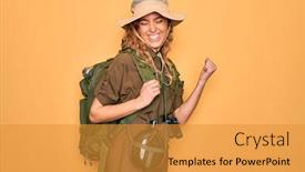  Presentation with blue water - Presentation theme featuring young-blonde-explorer-woman background and a gold colored foreground