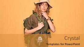  Presentation with blue water - PPT theme enhanced with young-blonde-explorer-woman background and a gold colored foreground