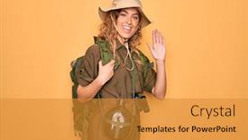  Presentation with canteen - Colorful PPT theme enhanced with young-blonde-explorer-woman backdrop and a gold colored foreground