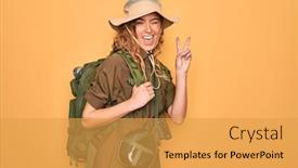  Presentation with canteen - Presentation design featuring young-blonde-explorer-woman background and a yellow colored foreground