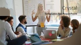  Presentation with business plan - Slide deck featuring young-blonde-female-caucasian-explains background and a soft green colored foreground