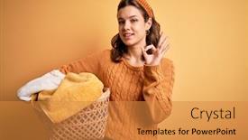  Presentation with wicker - Slide deck enhanced with young-blonde-girl-doing-housework background and a gold colored foreground