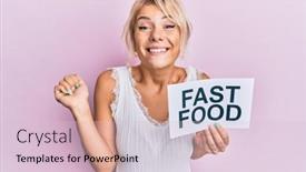  Presentation with fast food - Amazing PPT theme having young-blonde-girl-eating-fast backdrop and a lemonade colored foreground