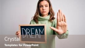  Presentation with blackboard - Beautiful PPT theme featuring young-blonde-girl-holding-blackboard backdrop and a coral colored foreground