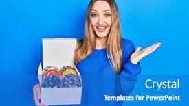  Presentation with colorful hands - PPT theme having young-blonde-girl-holding-box background and a cobalt blue colored foreground
