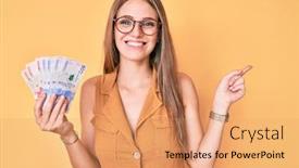  Presentation with blonde holds a magnifying glass - PPT layouts consisting of young-blonde-girl-holding-colombian background and a coral colored foreground