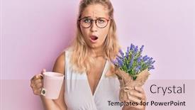  Presentation with tea plant - PPT theme with young-blonde-girl-holding-cup background and a coral colored foreground