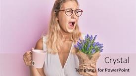  Presentation with tea plant - Presentation consisting of young-blonde-girl-holding-cup background and a coral colored foreground