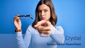  Presentation with optical lens - PPT theme with young-blonde-girl-holding-eyeglasses background and a light blue colored foreground
