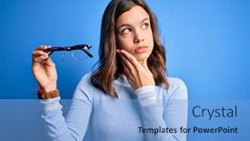  Presentation with optical lens - Audience pleasing PPT theme consisting of young-blonde-girl-holding-eyeglasses backdrop and a light blue colored foreground