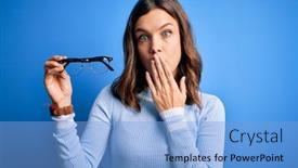  Presentation with optical lens - Presentation consisting of young-blonde-girl-holding-eyeglasses background and a light blue colored foreground
