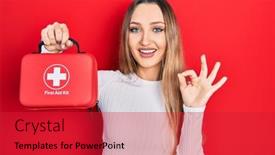  Presentation with first aid kit - Presentation theme having young-blonde-girl-holding-first background and a red colored foreground