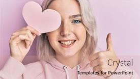  Presentation with shape heart - Audience pleasing PPT theme consisting of young-blonde-girl-holding-heart backdrop and a coral colored foreground
