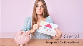  Presentation with sad girl - Presentation theme having young-blonde-girl-holding-house background and a coral colored foreground