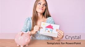  Presentation with happy young student girl holding - PPT theme having young-blonde-girl-holding-house background and a coral colored foreground