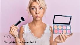  Presentation with blush - Slide set enhanced with young-blonde-girl-holding-makeup background and a coral colored foreground