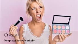  Presentation with blush - Presentation design enhanced with young-blonde-girl-holding-makeup background and a coral colored foreground