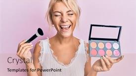  Presentation with blush - Slide deck enhanced with young-blonde-girl-holding-makeup background and a coral colored foreground