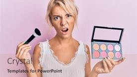  Presentation with blush - Cool new PPT theme with young-blonde-girl-holding-makeup backdrop and a coral colored foreground