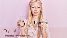  Presentation with makeup - Slides featuring young-blonde-girl-holding-makeup background and a coral colored foreground