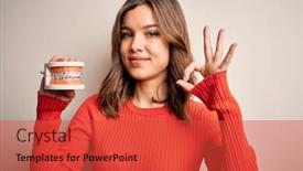  Presentation with denture - Presentation featuring young-blonde-girl-holding-orthodontist background and a red colored foreground