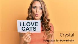  Presentation with cats - PPT theme featuring young-blonde-girl-holding-paper background and a coral colored foreground