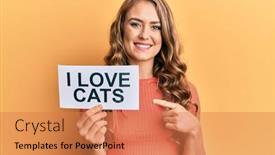  Presentation with cats - PPT theme having young-blonde-girl-holding-paper background and a coral colored foreground