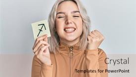  Presentation with zodiac - Presentation design enhanced with young-blonde-girl-holding-paper background and a coral colored foreground