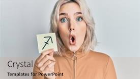  Presentation with zodiac - Cool new PPT theme with young-blonde-girl-holding-paper backdrop and a coral colored foreground