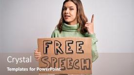  Presentation with free speech - Amazing slide deck having young-blonde-girl-holding-protest backdrop and a coral colored foreground