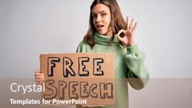  Presentation with free speech - Amazing presentation design having young-blonde-girl-holding-protest backdrop and a coral colored foreground