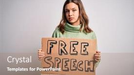  Presentation with free speech - Presentation theme with young-blonde-girl-holding-protest background and a coral colored foreground