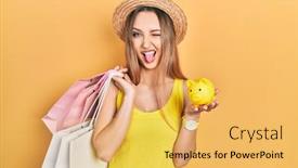  Presentation with piggy bank - Presentation theme featuring young-blonde-girl-holding-shopping background and a yellow colored foreground