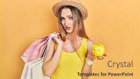  Presentation with piggy bank - PPT theme consisting of young-blonde-girl-holding-shopping background and a yellow colored foreground