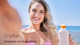  Presentation with sunscreen - Presentation theme with young-blonde-girl-holding-sunscreen background and a coral colored foreground