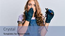  Presentation with tattoo - Colorful slide set enhanced with young-blonde-girl-holding-tattoo backdrop and a teal colored foreground