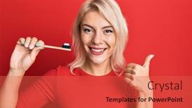  Presentation with toothpaste - Beautiful slide set featuring young-blonde-girl-holding-toothbrush backdrop and a red colored foreground