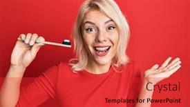  Presentation with toothpaste - Cool new PPT layouts with young-blonde-girl-holding-toothbrush backdrop and a red colored foreground