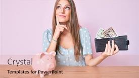 Presentation with piggy bank - Presentation enhanced with young-blonde-girl-holding-wallet background and a coral colored foreground