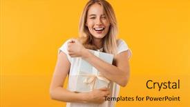  Presentation with cheerful stylish city girl using - PPT theme consisting of young blonde girl hugging present background and a gold colored foreground