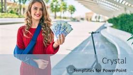  Presentation with compensation - Beautiful presentation theme featuring young-blonde-girl-injuried backdrop and a light blue colored foreground