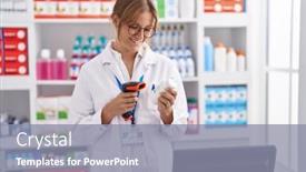  Presentation with scanning - PPT theme with young-blonde-girl-pharmacist-scanning background and a gray colored foreground
