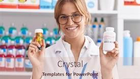  Presentation with pharmacy - PPT theme featuring young-blonde-girl-pharmacist-smiling background and a lemonade colored foreground