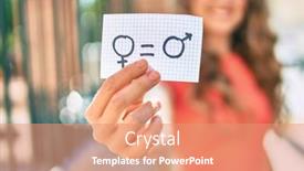  Presentation with gender equality - Cool new slides with young-blonde-girl-smiling-happy backdrop and a coral colored foreground