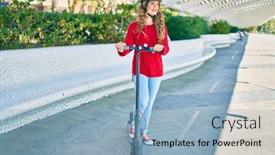  Presentation with electric scooter - Audience pleasing PPT theme consisting of young-blonde-girl-smiling-happy backdrop and a light blue colored foreground