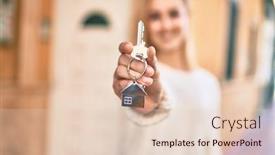  Presentation with house key - Presentation theme enhanced with young-blonde-girl-smiling-happy background and a lemonade colored foreground