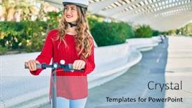  Presentation with electric scooter - Amazing presentation design having young-blonde-girl-smiling-happy backdrop and a light blue colored foreground