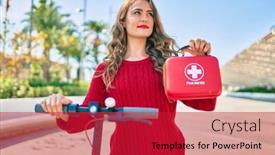  Presentation with electric scooter - Presentation theme consisting of young-blonde-girl-smiling-happy background and a crimson colored foreground