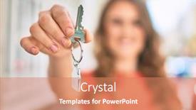  Presentation with house key - Amazing PPT theme having young-blonde-girl-smiling-happy backdrop and a coral colored foreground
